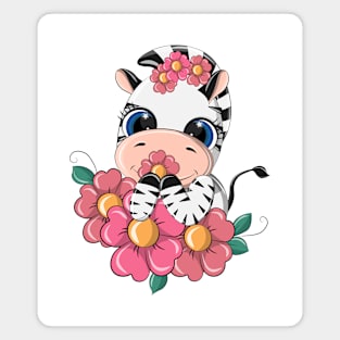 Cartoon zebra in a meadow with flowers. Magnet